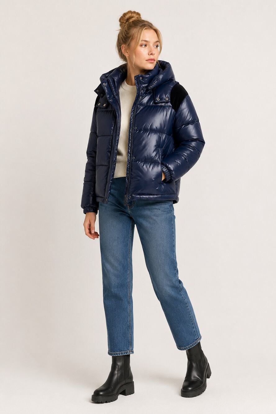Orso Levi Shiny Colorblock Hooded Puffer Jacket – Blue/Black – Size Small